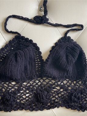 Black Crochet Halter Bikini Top - Women Swim Bikinis